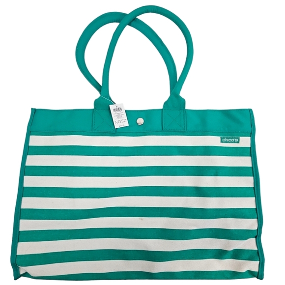 Chico's Handbags - Chico Turquoise Striped Canvas Beach Tote Bag